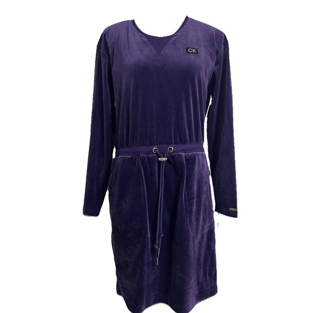 Calvin Klein Womens Velour Long Sleeve Purple Sporty Adjustable Waist Dress M
